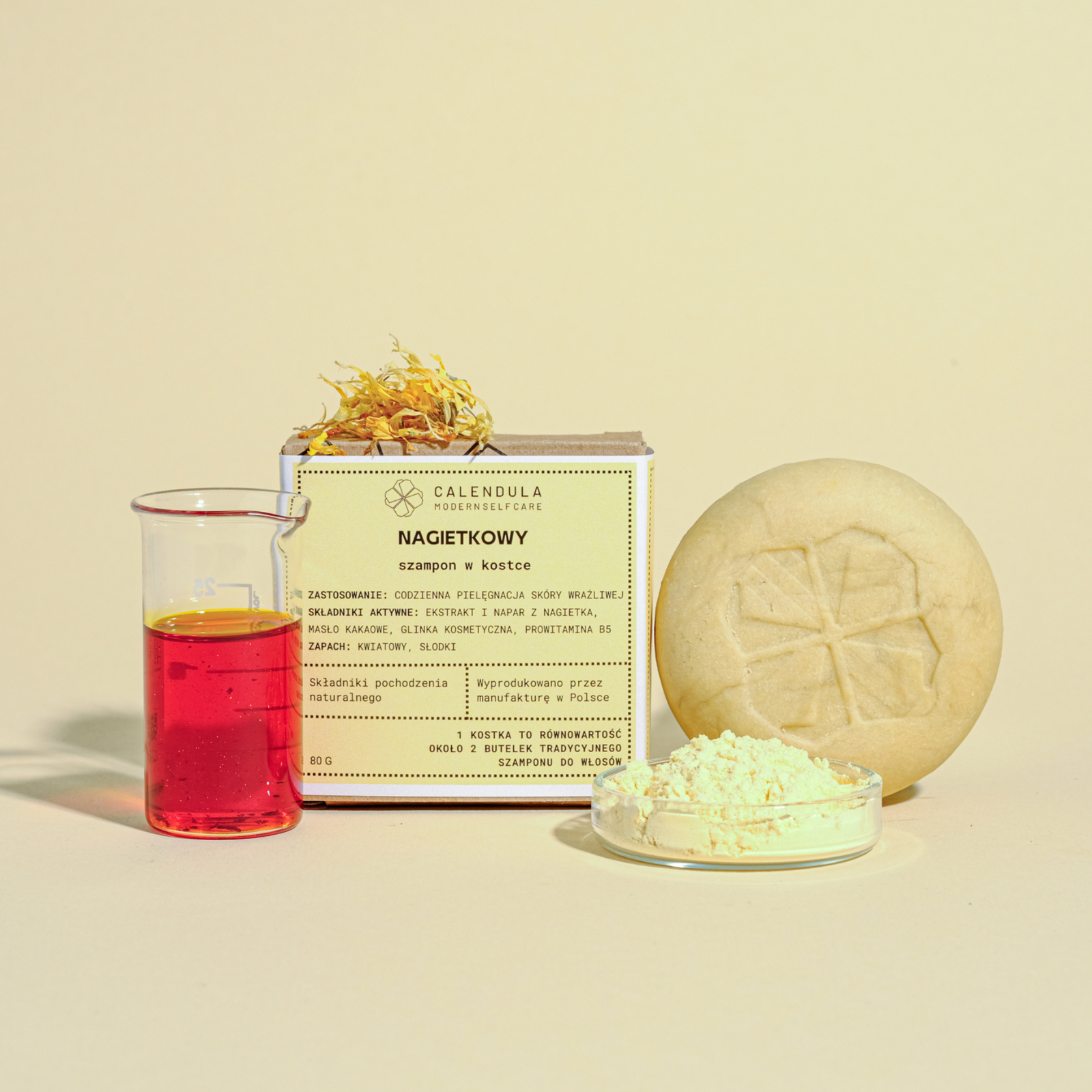Calendula nagietkowy, łagodzący szampon w kostce 80g